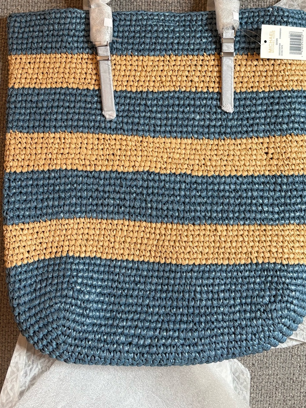 Michael Kors Quinn Striped Straw Tote Bag Cream & Blue - Picture 12 of 12
